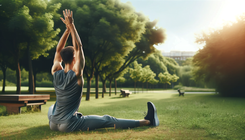 A person stretching outdoors after a workout in a serene park setting