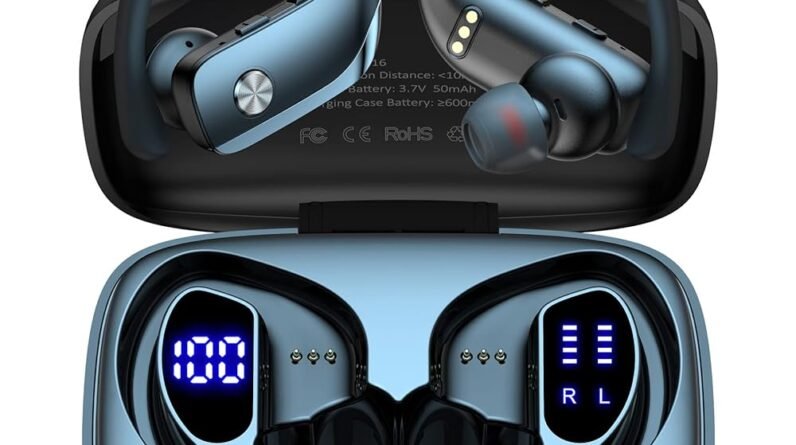 bmani Wireless Earbuds Bluetooth Headphones 48hrs Play Back Sport Earphones with LED Display Over-Ear Buds with Earhooks Built-in Mic Headset for Workout Black