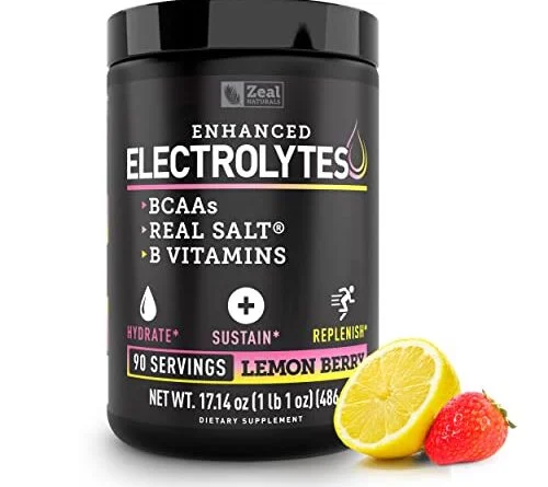 Electrolyte Powder Recovery Drink (90 Servings | Lemon Berry) w Real Salt +BCAAs +B-Vitamins Sugar Free Electrolyte Supplement w Potassium Zinc & Magnesium for Hydration - Keto Electrolytes