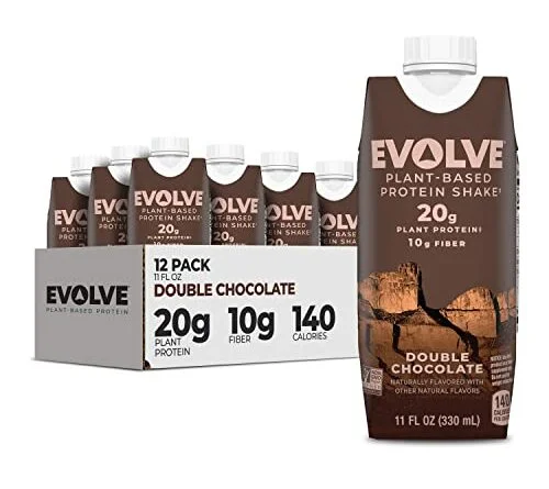 Evolve Plant Based Protein Shake, Double Chocolate, 20g Vegan Protein, Dairy Free, No Artificial Sweeteners, Non-GMO, 10g Fiber, 11 Fl Oz (Pack of 12) - (Formula May Vary)