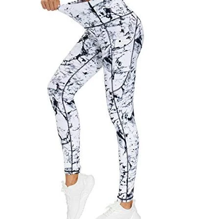 THE GYM PEOPLE Thick High Waist Yoga Pants with Pockets, Tummy Control Workout Running Yoga Leggings for Women (Large, Marble)